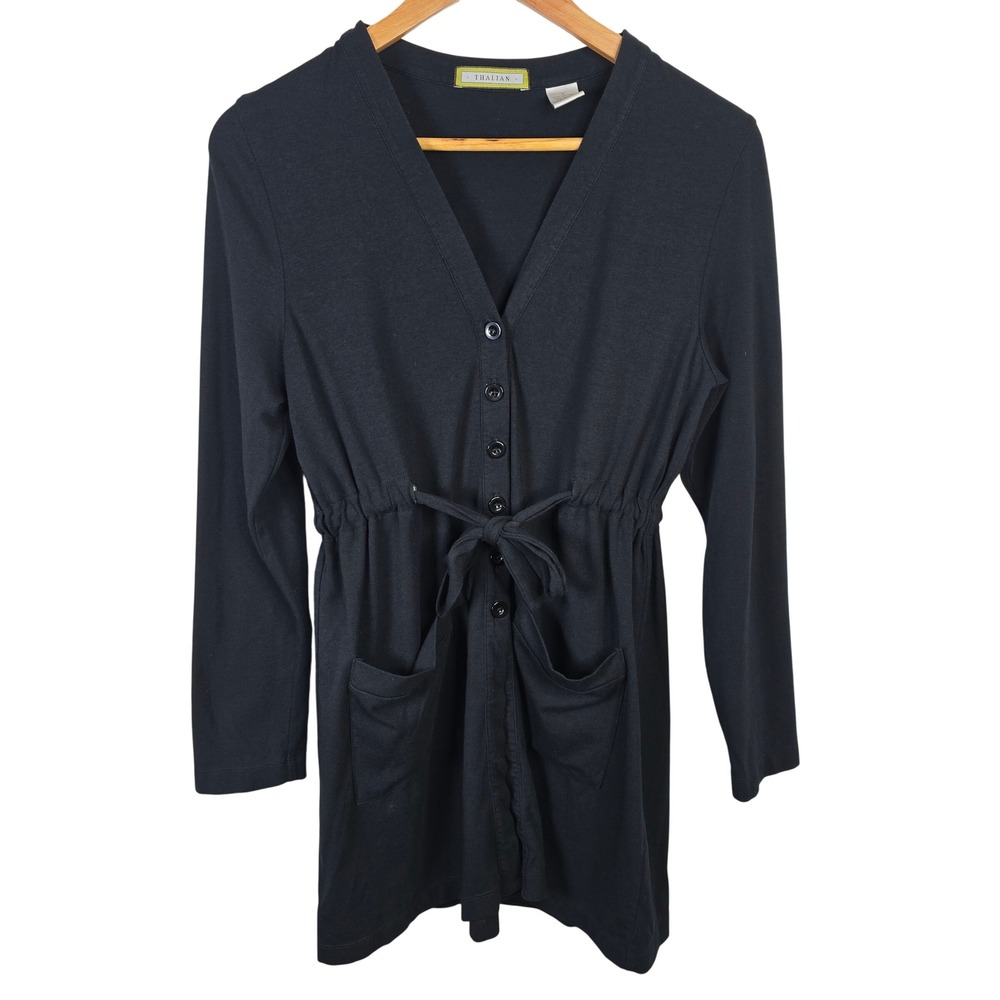 Thalian Black Long Sleeve Button Up Tunic Cardigan‎ Drawstring Waist Women Small